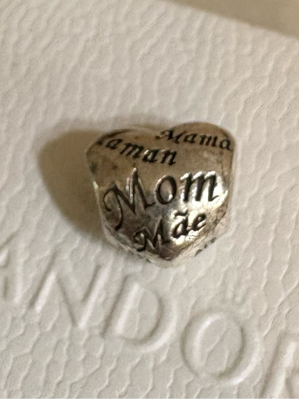 Pandora Silver Heart 'Mom/Mamma' Engraved Charm with Box